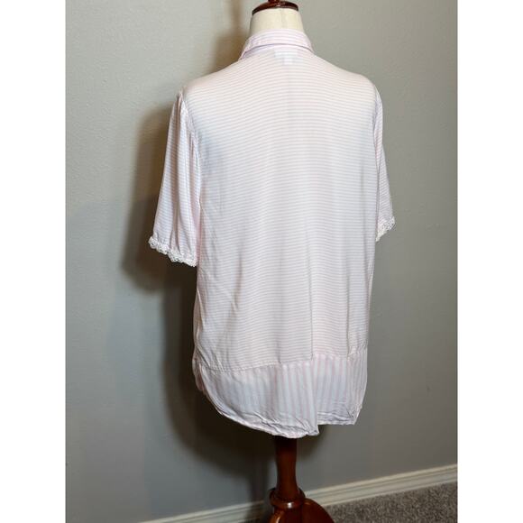 J. Jill blouse pale pink & white striped button up with lace sleeve trim Sz L - Picture 5 of 8